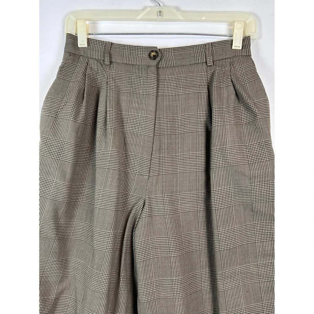 Vintage High Waisted Pleated Plaid Trousers Brown Glen Check Tapered Pants 10